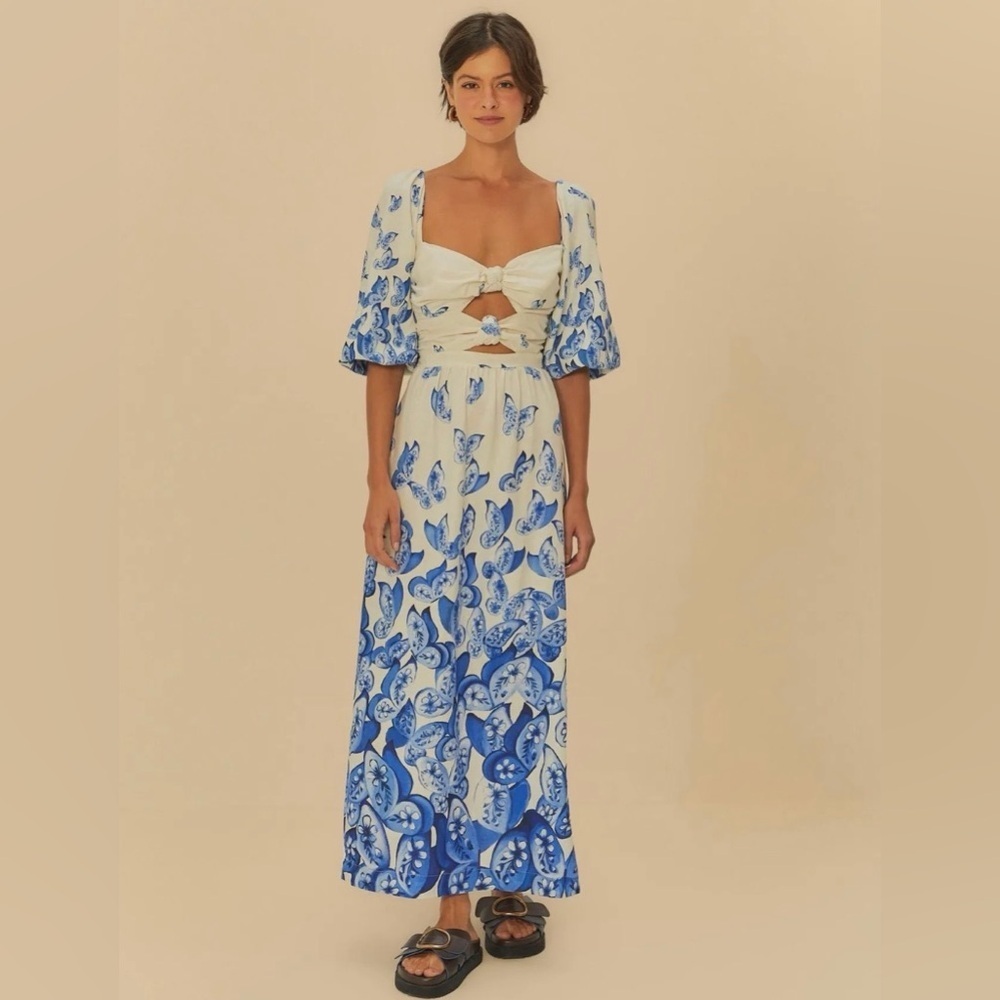 FARM Rio Elegant Blue and White Butterfly Long Dress Size M